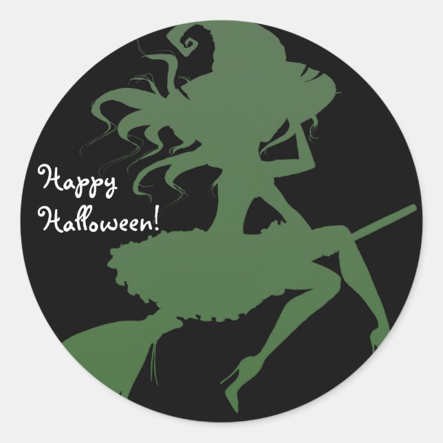Pegatina Redonda Partido Halloween de Broomstick de Brujas Verdes (Anverso)