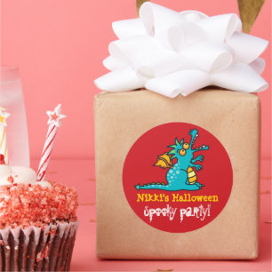 Pegatina Redonda Partido Halloween del Dragón Mágico Verde Verde az