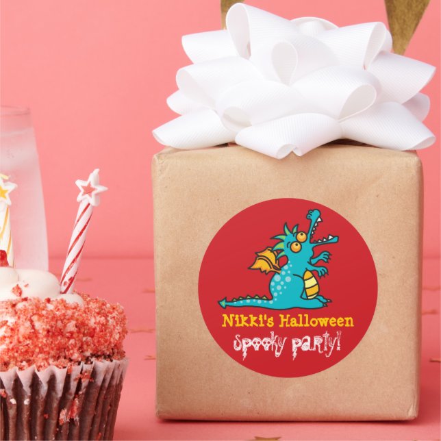 Pegatina Redonda Partido Halloween del Dragón Mágico Verde Verde az (Fiesta)