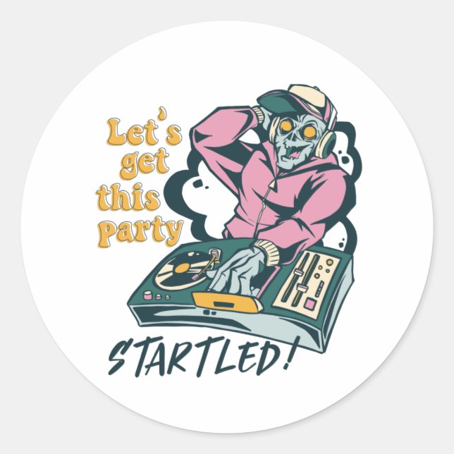 Pegatina Redonda Partido Retro Halloween de DJ Musical Zombie (Anverso)