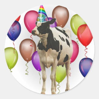Pegatina Redonda Partido temático de la vaca de cumpleaños
