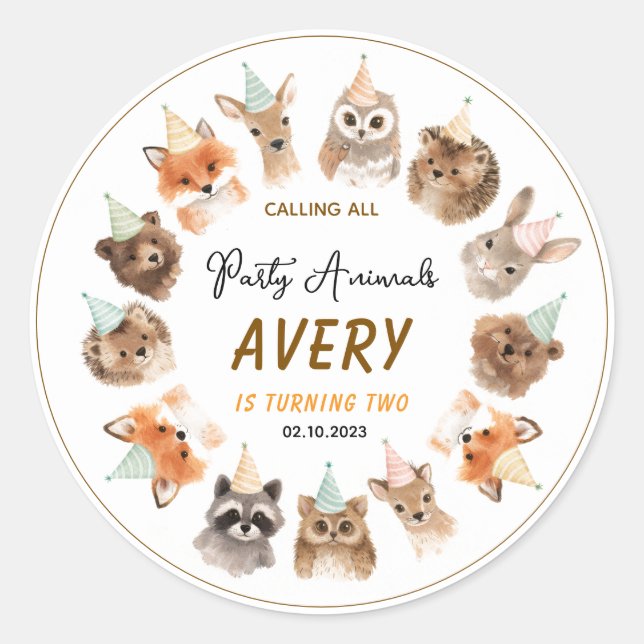 Pegatina Redonda Party Animals 2nd Birthday | Cute Jungle Animal (Anverso)