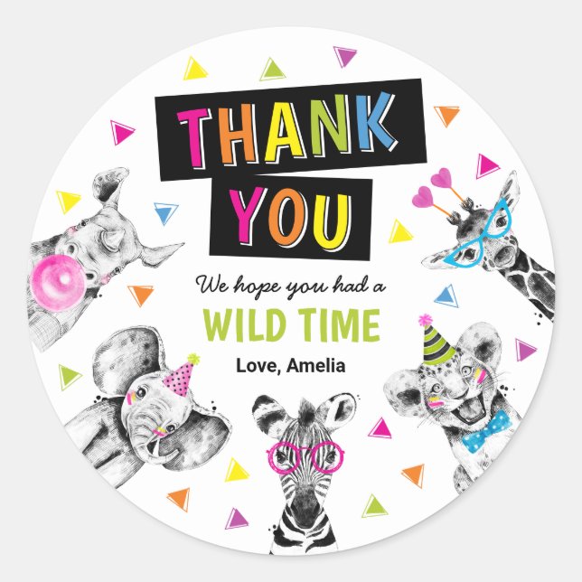 Pegatina Redonda Party Animals Safari Birthday Thank You Favor (Anverso)