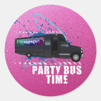 Pegatina Redonda Party Bus Time Neon Nightlife Gradient Pink