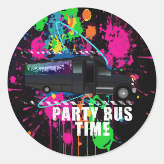 Pegatina Redonda Party Bus Time Neon Nightlife Neon Paint Splatter 