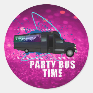 Pegatina Redonda Party Bus Time Neon Nightlife Pink Glitter