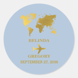 Pegatina Redonda Pasaporte de Boda de Destino Mundial Azul Polvorie