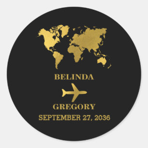 Pegatina Redonda Pasaporte de Boda de Destino Negro Oro