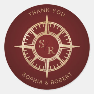 Pegatina Redonda Pasaporte de Destino de Boda Brújula Gracias