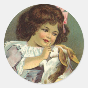 Pegatina Redonda Pascua antigua, niña victoriana conejo huevos