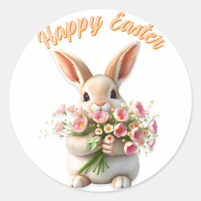 Pegatina Redonda Pascua Bunny Cute Flor Bouquet Feliz Pascua (Anverso)