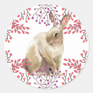 Pegatina Redonda Pascua Bunny Morado Fondo Floral