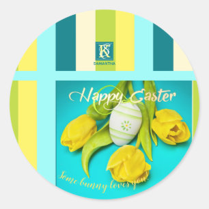 Pegatina Redonda Pascua colorida raya el monograma de la foto