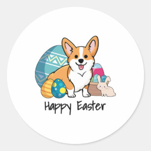 Pegatina Redonda Pascua Corgi Dog Feliz Pascua