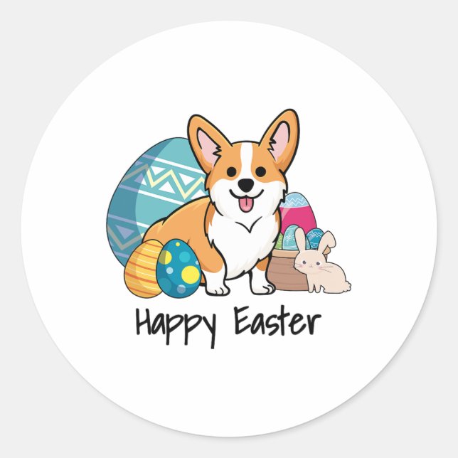 Pegatina Redonda Pascua Corgi Dog Feliz Pascua (Anverso)