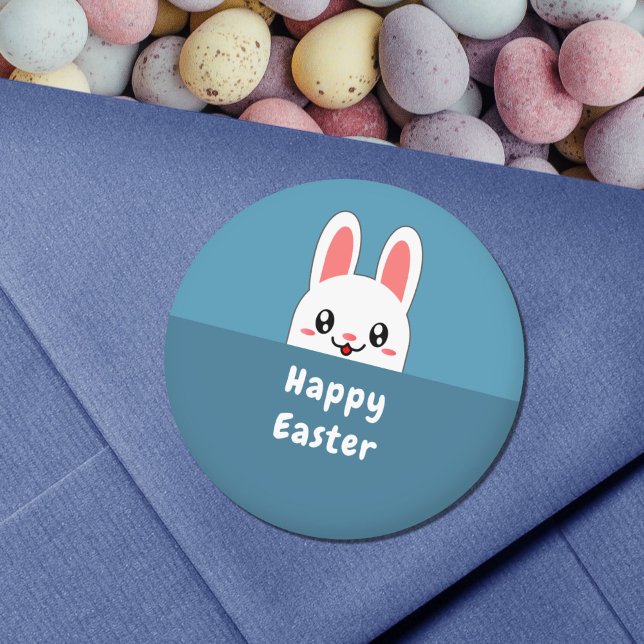 Pegatina Redonda Pascua de conejo (Cute Bunny Easter Blue Sticker)