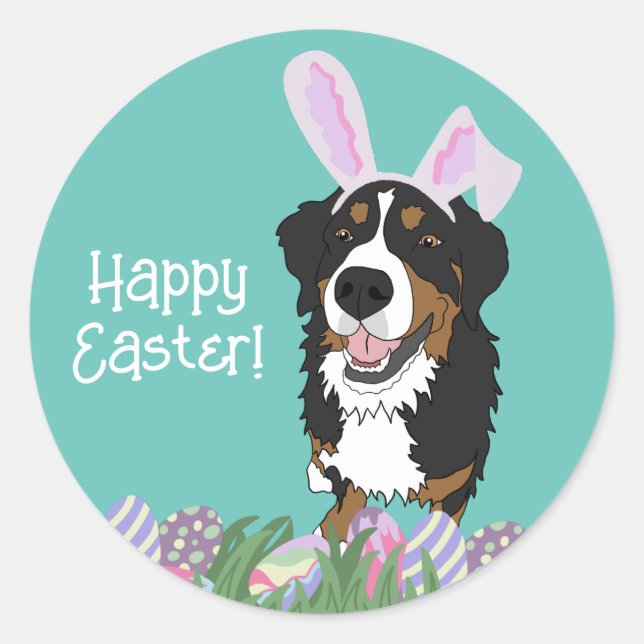 Pegatina Redonda Pascua de Perro de Montaña de Bernese (Anverso)