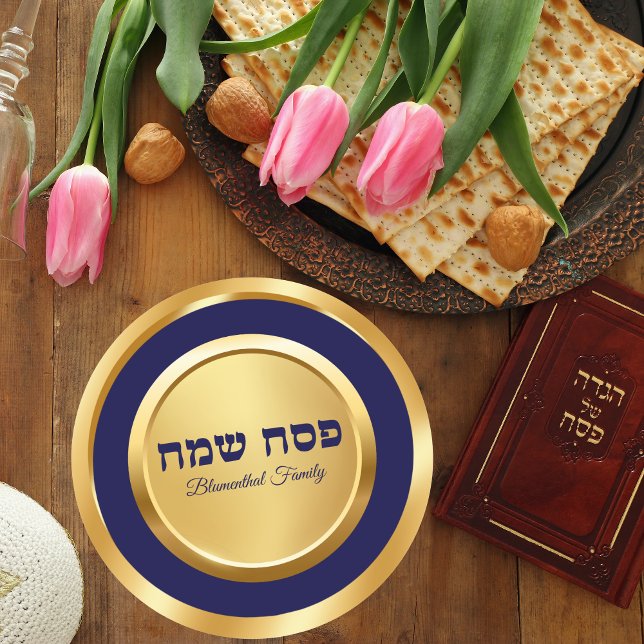 Pegatina Redonda Pascua elegante azul y dorado de pesach hebreo (Subido por el creador)