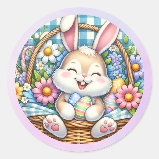 Pegatina Redonda Pascua feliz con conejo, huevos y flores (Anverso)