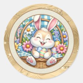 Pegatina Redonda Pascua feliz con conejo, huevos y flores