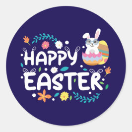 Pegatina Redonda Pascua feliz, huevos, conejo y flores