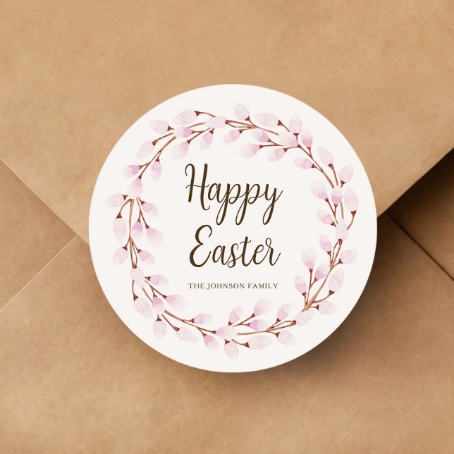 Pegatina Redonda Pascua feliz rosa (Cute Pink Willow Happy Easter Classic Round Sticker)