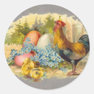 Pegatina Redonda Pascua - Pollos, Huevos y gallos - Postales antigu