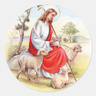 Pegatina Redonda Pascua religiosa, Jesús con las ovejas