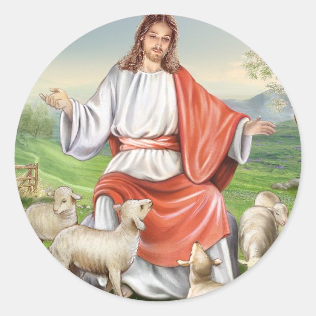 Pegatina Redonda Pascua religiosa, Jesús el pastor (Anverso)