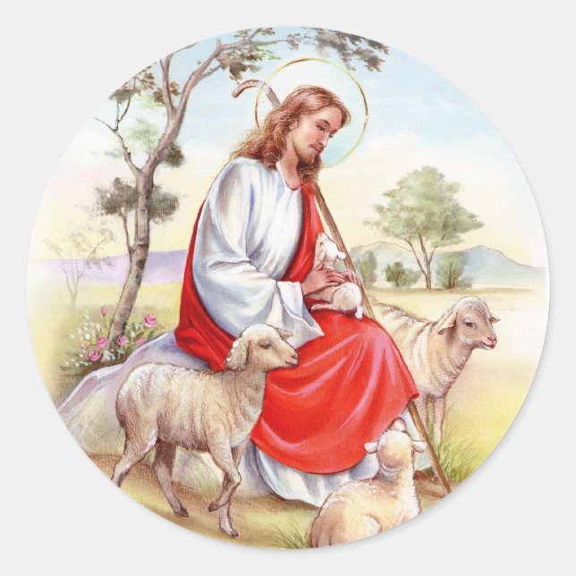 Pegatina Redonda Pascua religiosa, Jesús el pastor (Anverso)