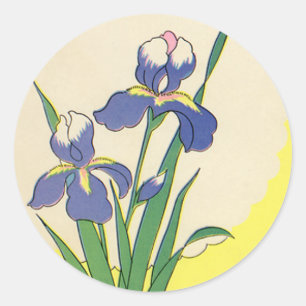 Pegatina Redonda Pascua Vintage, Flores de Iris de Jardín Púrpura