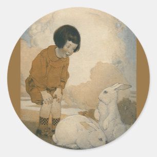 Pegatina Redonda Pascua Vintage, niño jugando Conejos Conejanos Bla