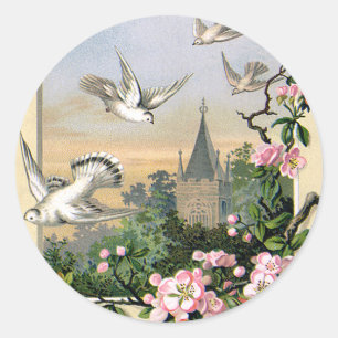 Pegatina Redonda Pascua vintage, pájaros de paloma blanca y flores