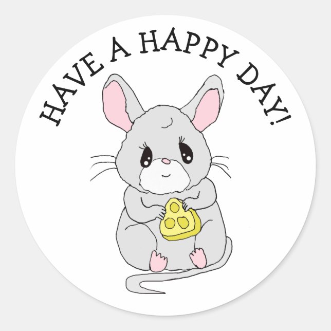 Pegatina Redonda Pase un día feliz con un pequeño ratón con queso (Anverso)