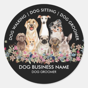 Pegatina Redonda Paseador de Perro Negro Servicios de Mascotas y Pe