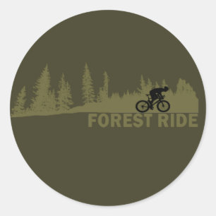Pegatina Redonda Paseo de descenso en MTB en el bosque Ciclismo de