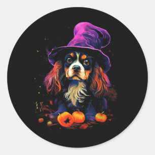 Pegatina Redonda Paseo de perro de Halloween del Cavalier King Char
