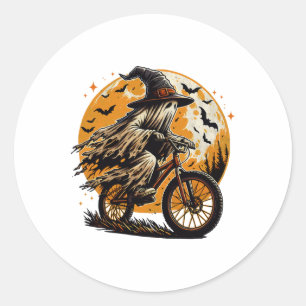 Pegatina Redonda Paseo en bicicleta de Halloween con disfraz aterra