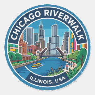 Pegatina Redonda Paseo fluvial de Chicago Illinois