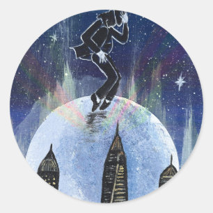 Pegatina Redonda Paseo lunar sobre la ciudad -arte hecho a mano -