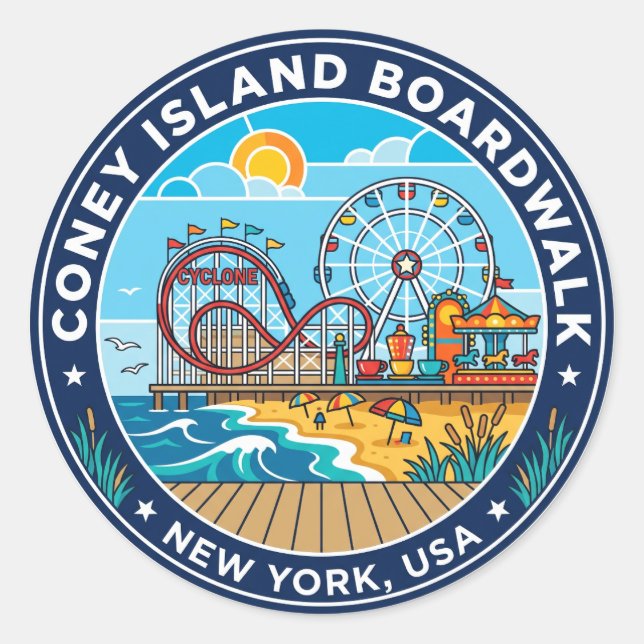 Pegatina Redonda Paseo marítimo de Coney Island EE. UU. (Anverso)
