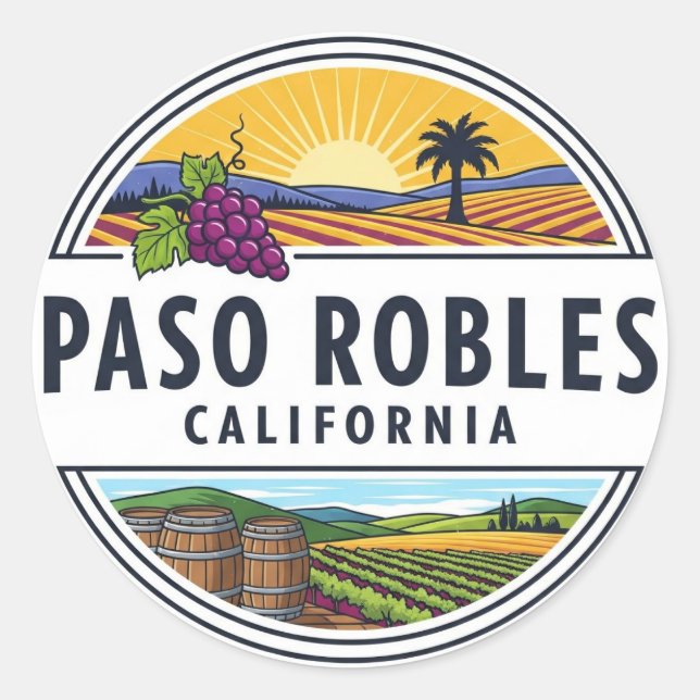 Pegatina Redonda Paso Robles Costa Central de California (Anverso)