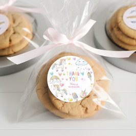 Pegatina Redonda Pastel arco iris unicornio magia gracias cumpleaño