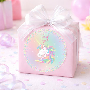 Pegatina Redonda Pastel Arcoíris Unicornio Cumpleaños Feliz Gracias
