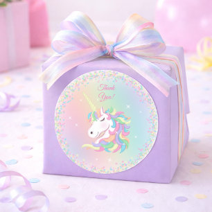 Pegatina Redonda Pastel Arcoíris Unicornio Feliz Cumpleaños Gracias