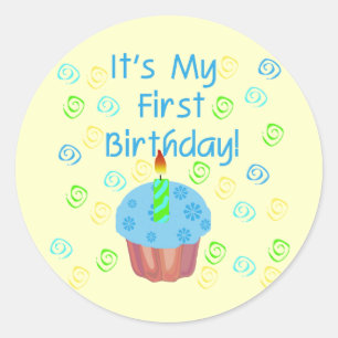 Pegatina Redonda Pastel azul con Vela Primer Cumpleaños