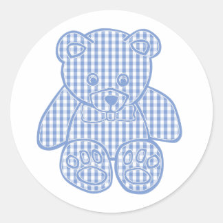 Pegatina Redonda Pastel azul pálido Gingham Teddy Bear