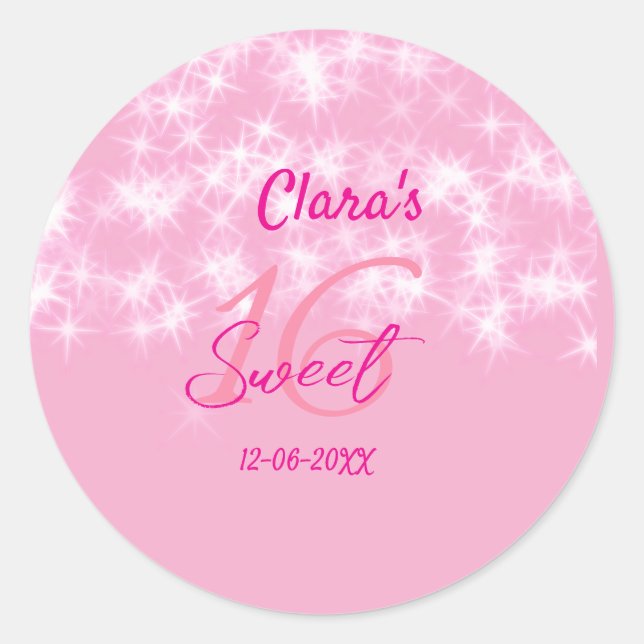 Pegatina Redonda Pastel bebé rosa dulce 16 cumpleaños agregar nombr (Anverso)