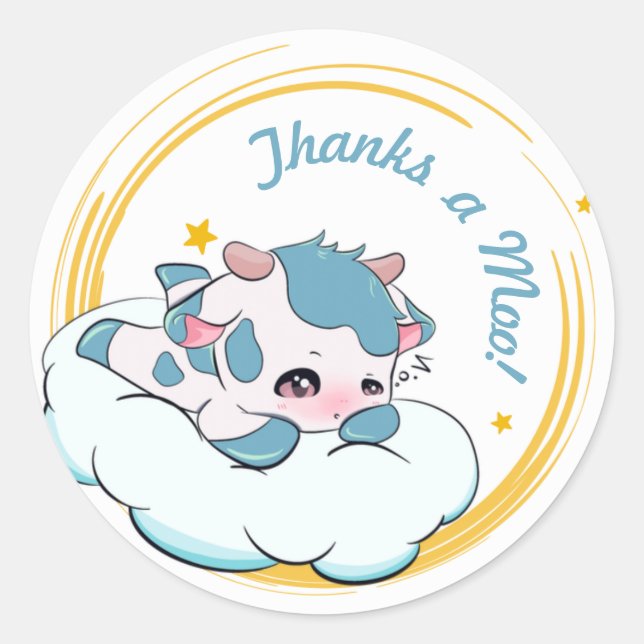 Pegatina Redonda Pastel Blue Baby Cow White Cloud Elegant Gracias (Anverso)