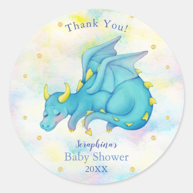 Pegatina Redonda Pastel Blue Dragon Boy Baby Shower Gracias (Anverso)